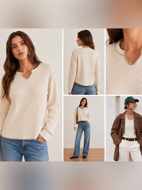 Madewell Waffle Split-Neck Crop Tee Thermal Top Antique Cream Medium NC632